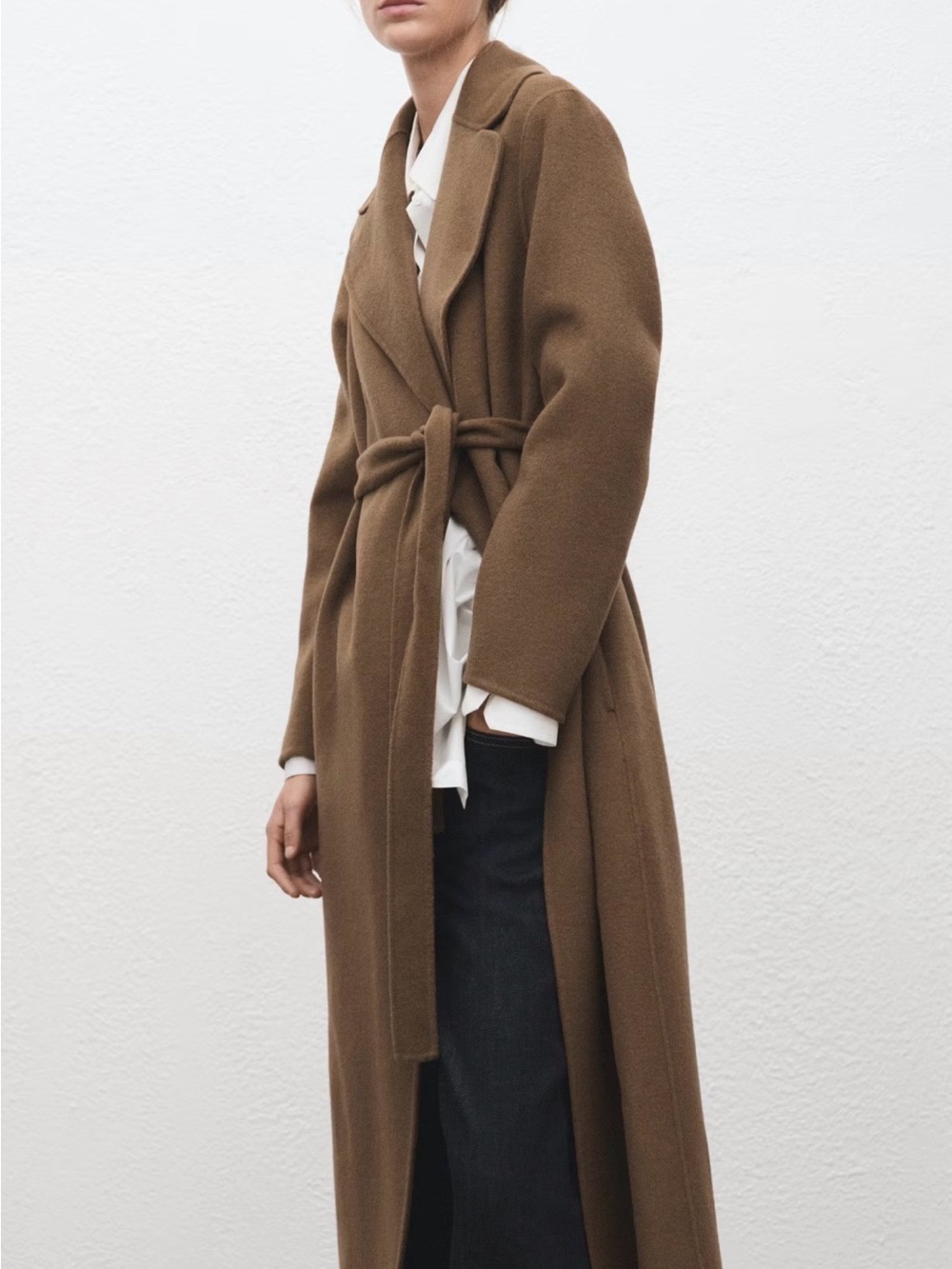 Mango Camel Brown Long Belted Wool-Blend Pea Coat